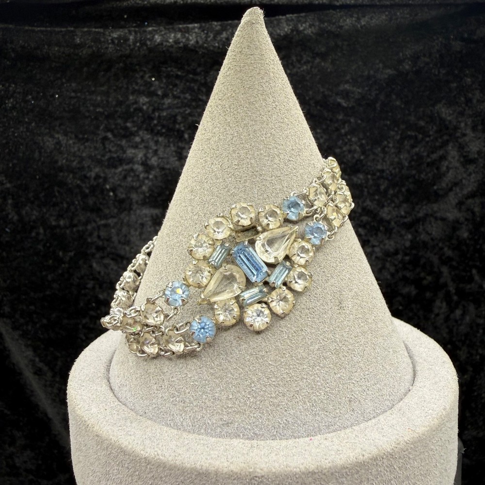 Vintage Rhinestone Tennis Bracelet Open Bezel Pale Blue 6.5” READ