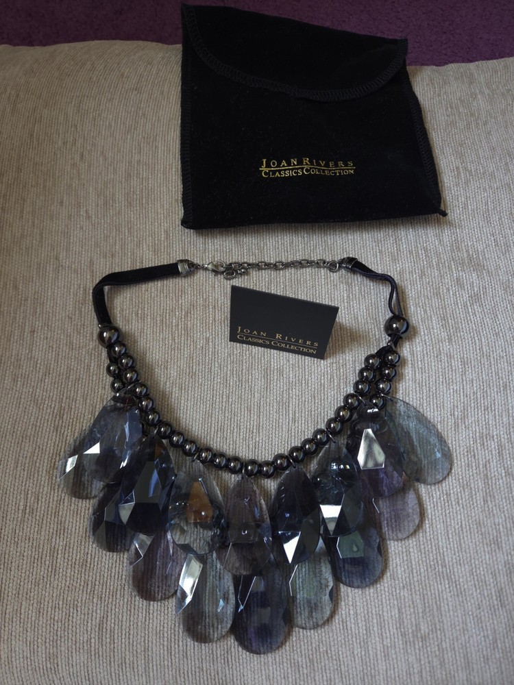 Vintage Joan Rivers Blue Gray Teardrop Bib Statement Necklace & Pouch