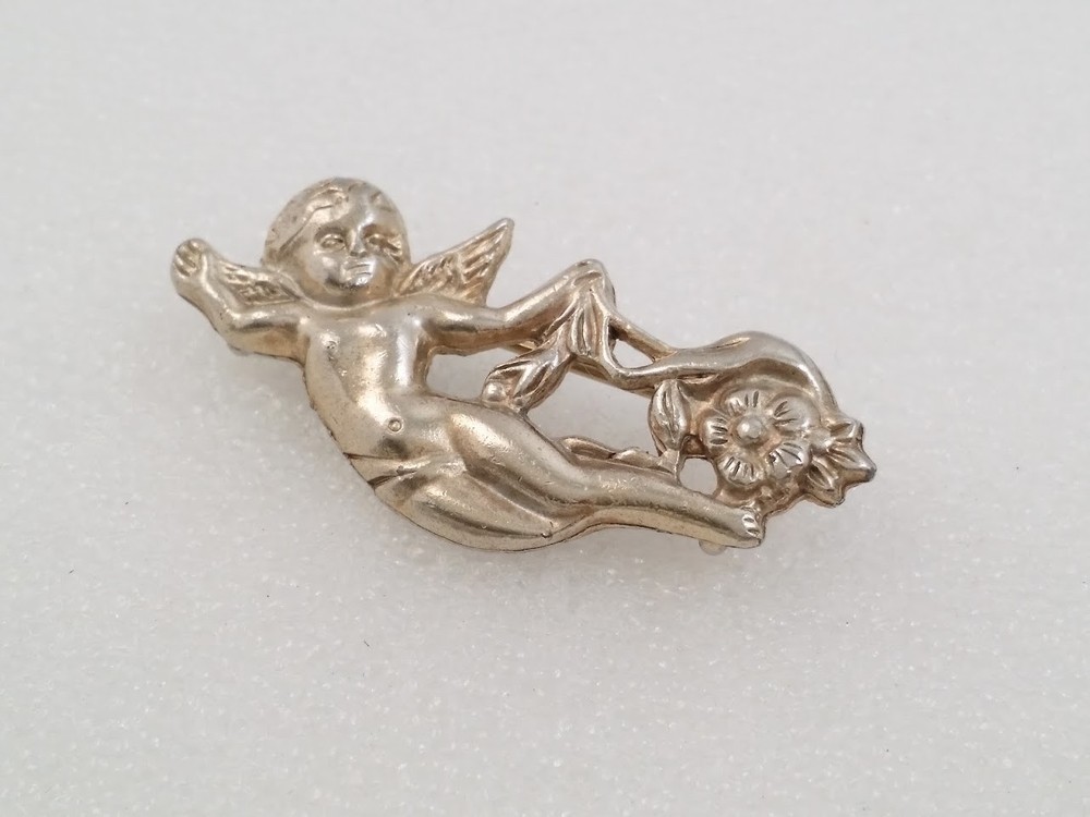 Vintage Silver Tone Angel Cherub Floral Brooch