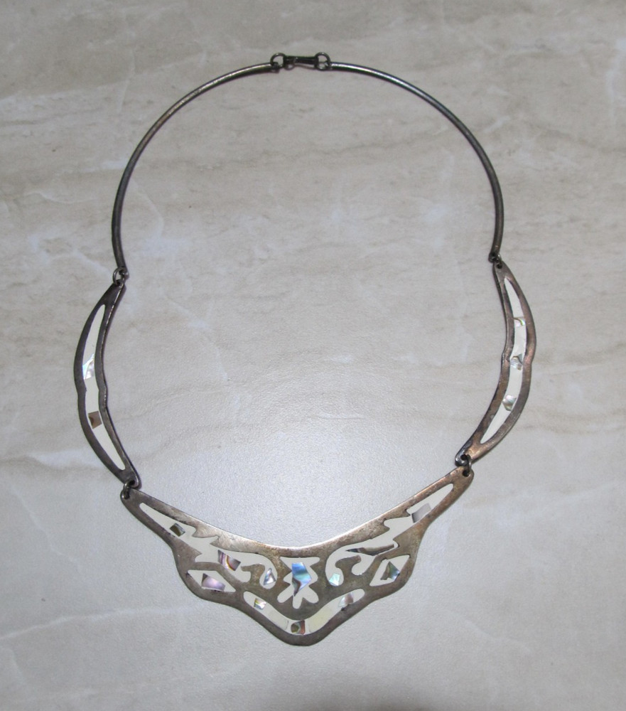 VINTAGE ALPACA SILVER MEXICO CRESCENT NECKLACE ABALONE SHELL