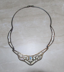VINTAGE ALPACA SILVER MEXICO CRESCENT NECKLACE ABALONE SHELL