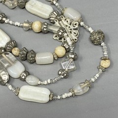 Layered Beaded Necklace Acrylic Glass White Silver Multi Strand Collar Boho 19″
