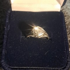 Vintage Style Filigree Hexagon Ring, white gold, Round White/Colorless Stone