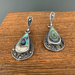 Vintage Earrings Sterling 925 Abalone Teardrop Dangle Pierced Marcasite READ
