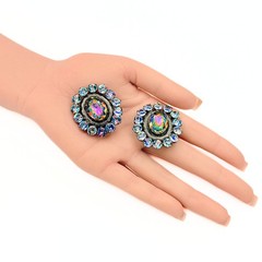 Vintage Watermelon Iris Glass AB Crystal Halo Statement Clip On Earrings