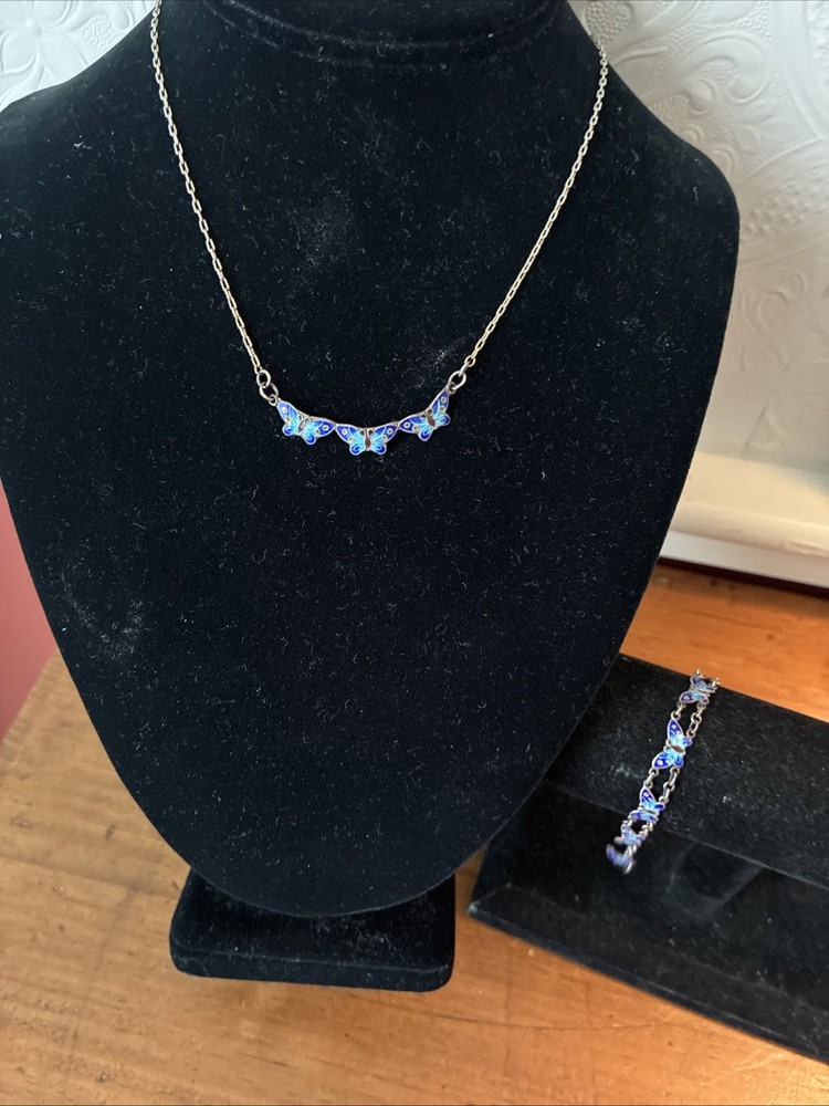 Vtg FAS Sterling Silver SET Enamel Linked Butterfly Bracelet & Necklace Blue