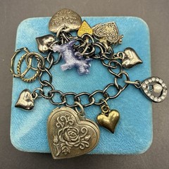 Vintage Bracelet & Charms of Mixed Metals Black: Hearts, LOCKET, Prayer Box, Dog