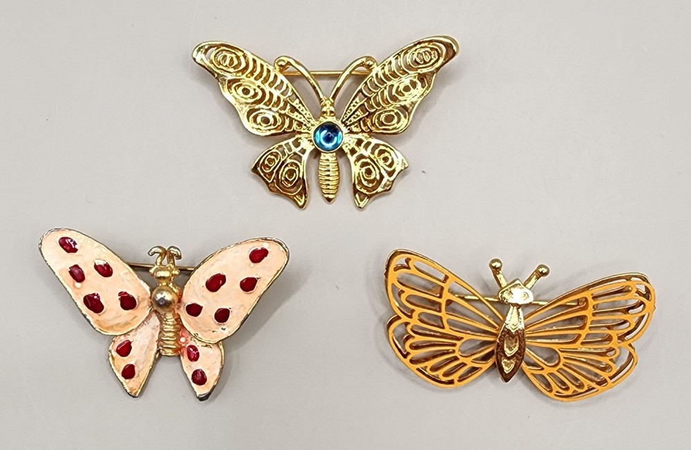 Lot 3 Vintage Butterfly Brooches Pins Gold Tone Enamel Signed AAi Filigree Set