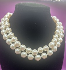 Vintage Signed Carolee Glass Faux Pearl Double Strand Necklace 14.5-17.5”
