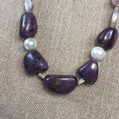 Artisan Hand Made Purple Corundum Faux Pearl Necklace Sterling Clasp