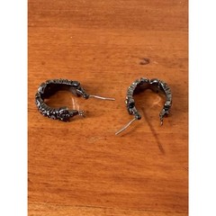 Vintage Gunmetal Barrel Huggie Hoop Earrings Hematite Crystal No Brand