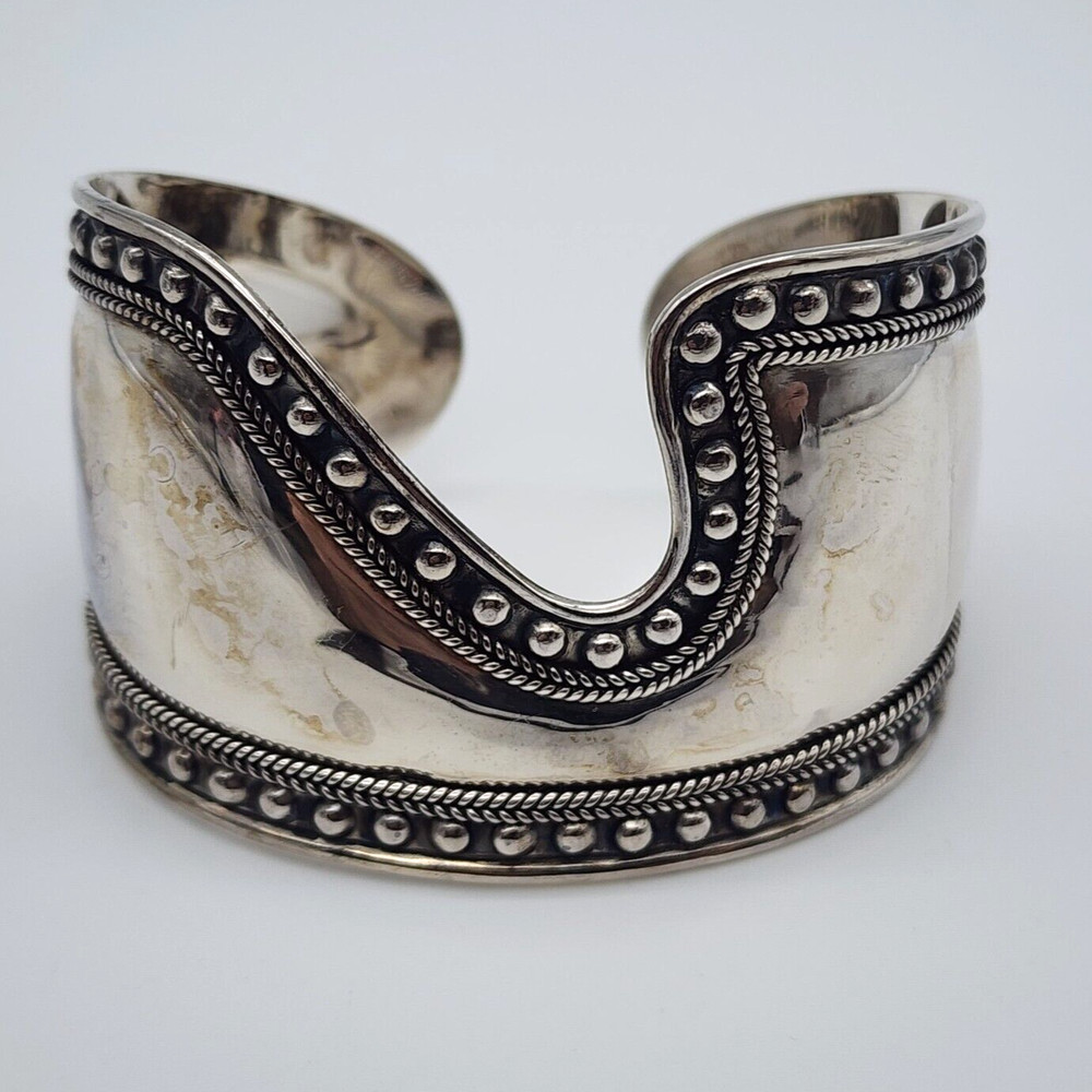 DELL Bead Modernist Abstract – Sterling Silver 925 Wide Cuff Bangle – 6.8″