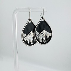 Vintage Mountain Scene Teardrop Earrings Silver Black Nature Outdoorsy Boho
