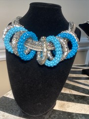 Vintage Graziano Mesh Chain Runway Necklace Estate Jewelry Statement Blue Enamel