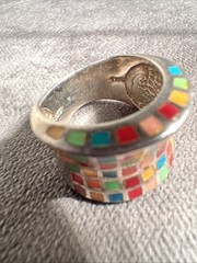 Vtg ZUNI ATI Sterling 925 Wide Band Pastel Mosaic Inlay Statement Ring Sz 7.5