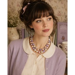 Vintage Pastel Faux Pearl Double Strand Necklace Pink Purple Romantic