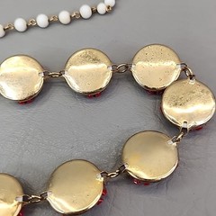 Vintage Floral Necklace Round Link Red Flowers White Discs 22″