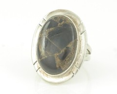 Vintage 925 Sterling Silver Man Made Jasper Composite Black and Gold Oval Ring 7