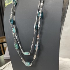 Coldwater Creek Double Strand Station Silver Tone & Green Mood Stones Necklace