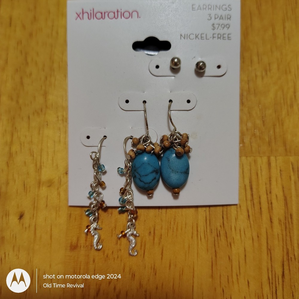 Xhilaration 3 Pair VTG Earring Set Y2K Faux Turquoise Seahorse Nickel Free NOS
