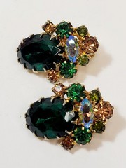 Vintage Green AB Light Brown Rhinestone Dog Tooth Prong Juliana Earrings