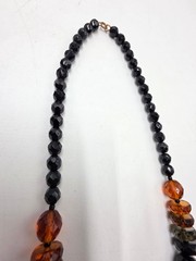 Vintage Czech Black Faceted Glass Bead Necklace Clear Crystal Accents 17″