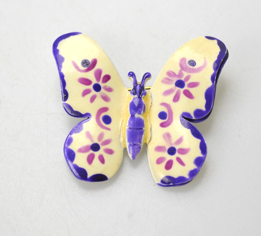 Vintage West Germany Butterfly Brooch Pin Ivory purple Hand Painted Enamel T19