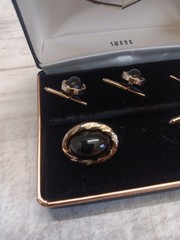 ✅VTG Swank Gold Tone & Black Cabochon Cufflinks Studs Dress Set in Original Box