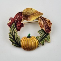 Vintage TONA Fall Autumn Pumpkin Leaf Green Orange Enamel Pin Signed Brooch