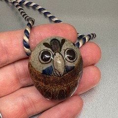 Vtg Signed JORGE WILMOT Mexican Folk Art Pottery OWL BEAD PENDANT NECKLACE 1970s