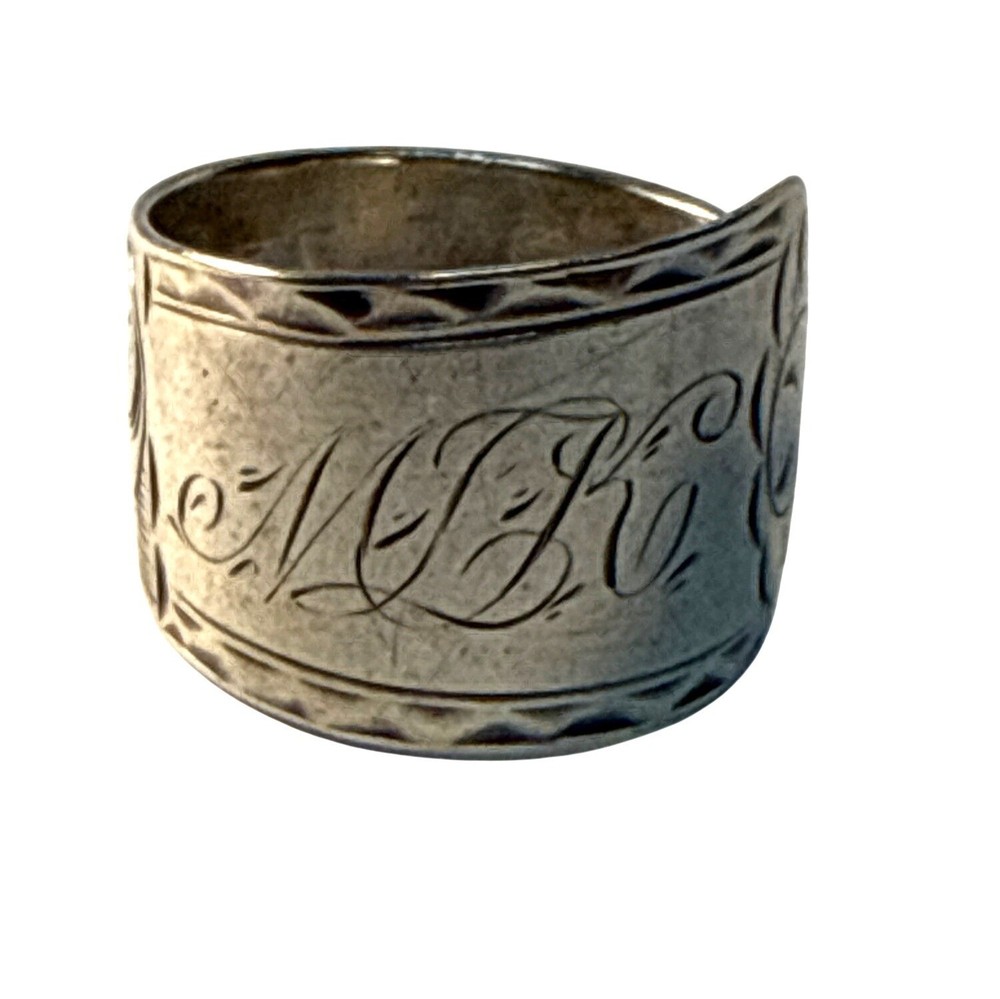 Antique Sterling Silver Spoon Ring Monogram Engraved Wide Band Heirloom Jewelry