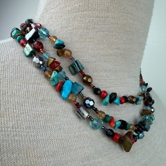 Three Strand Glass, Stone, Turquoise, Mother of Pearl Beaded Necklace 17.5-20.5″