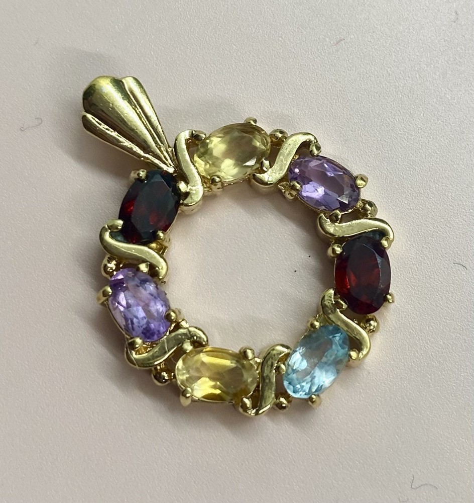 Vintage 925 Sterling Silver Vermeil Multi Gemstone Round Wreath Pendant