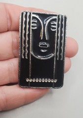 3 Brooches: Tribal Peacock Feather Clay Mask, RITZ Pewter Face, Bar W/ Charms