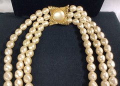Large &Rare Vintage YSL Yves Saint Laurent 3 Strand Faux Baroque Pearl Necklace