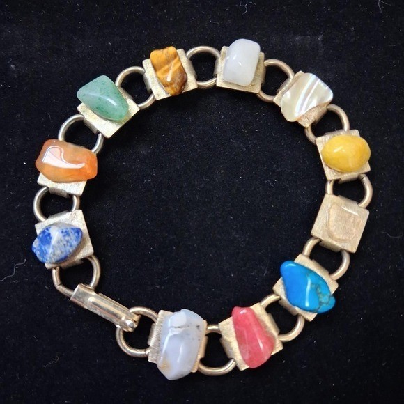 Vintage 60s 70s Gold Multi Gemstone Nugget Link Bracelet 7.5 Inch