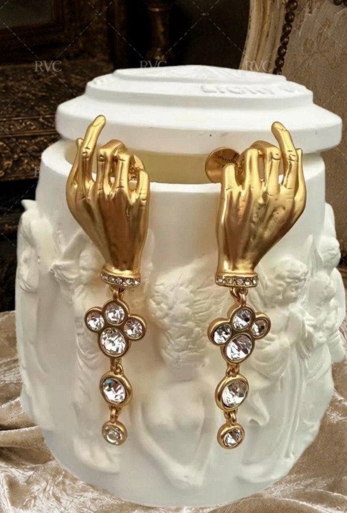Schiaparelli Gold Hand Crystal Drop Dangle Stud Earrings Surrealist Art Jewelry