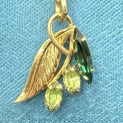 Pretty Vintage 12k Gold Filled Floral Leaf Pendant, Emerald-Glass, Peridot-Glass