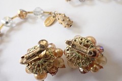 Vintage Signed Vendome Crystal Necklace & Earrings Set Clear & Gold Beads AB
