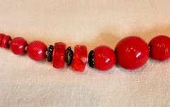 Necklace, Vintage Red glass & plastic beads separated by metal discs
