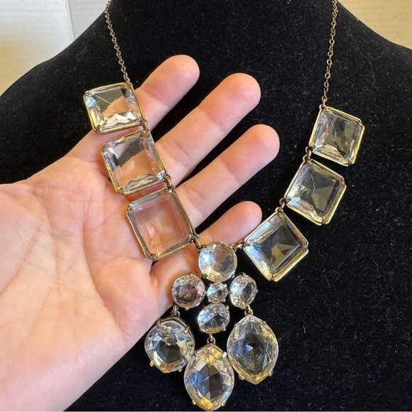 J Crew Bib Statement Necklace Clear Glass Prong Rhinestones Square Oval Round
