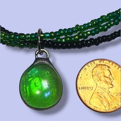 Sterling Silver Green Glass Pendant Necklace Multi Strand Seed Beads 15″