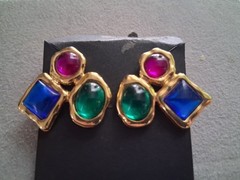 1980s bold runway earrings, glass cabochon trio, geometric, asymmetrical