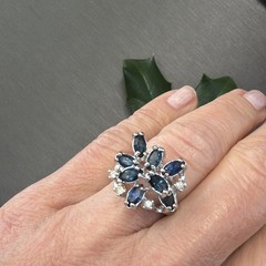 Vintage Spray Ring Estate Fine Jewelry Sz 7 18K White Gold Plated Blue Marquise