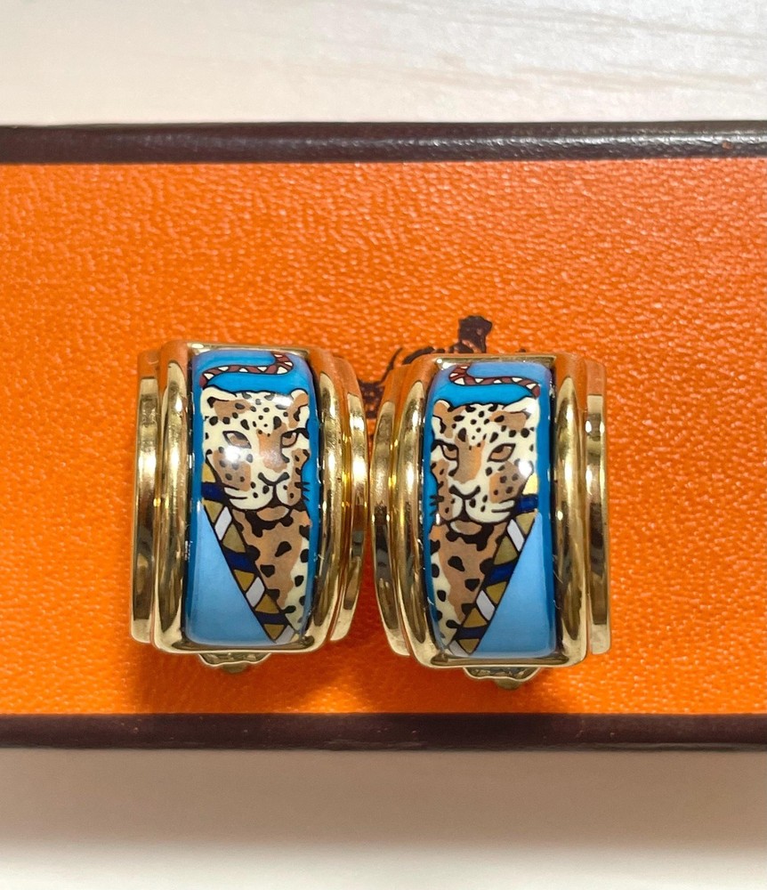 Vintage Hermès Cloisonné Enamel Gold-Tone Earrings with Panther, Leopard,Cheetar
