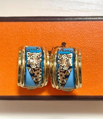 Vintage Hermès Cloisonné Enamel Gold-Tone Earrings with Panther, Leopard,Cheetar
