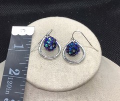 Vintage Silver Tone Costume Iridescent Blue Rhinestone Ball Drop Earrings B595