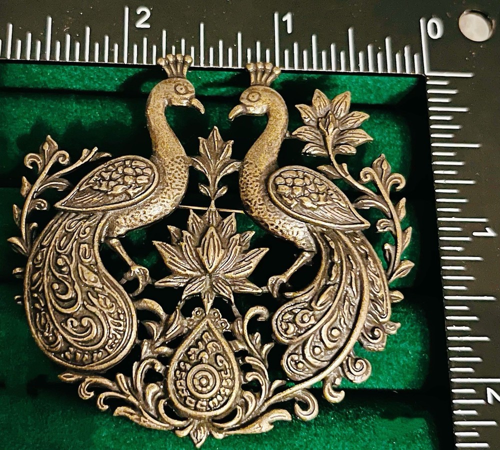 Vintage Bronze Double Peacock Brooch Pin Lotus Flower Ethnic Boho Jewelry Gift