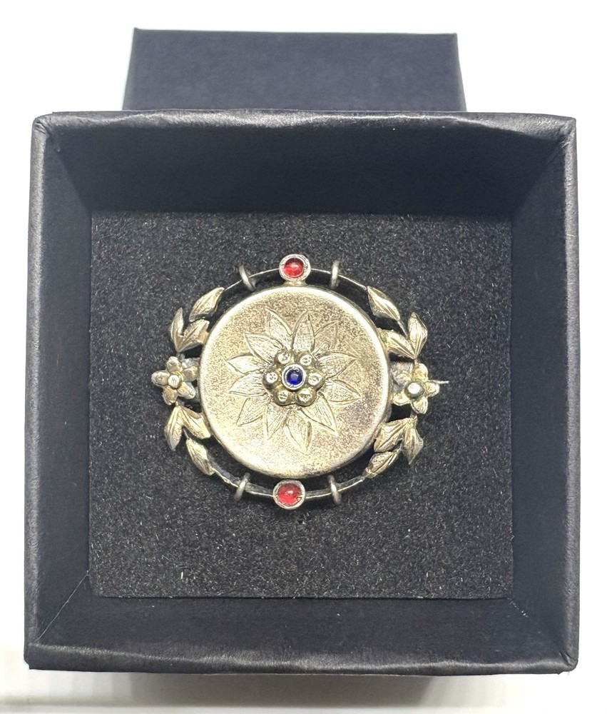 K17 1880-1920 ANTIQUE BROOCH Silver 835 Sapphire & Garnet 27 mm 1.1 Inches WW1