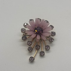 Vintage Pink Flower Sunburst Brooch Lavender Rhinestone Gold Tone Spray Pin